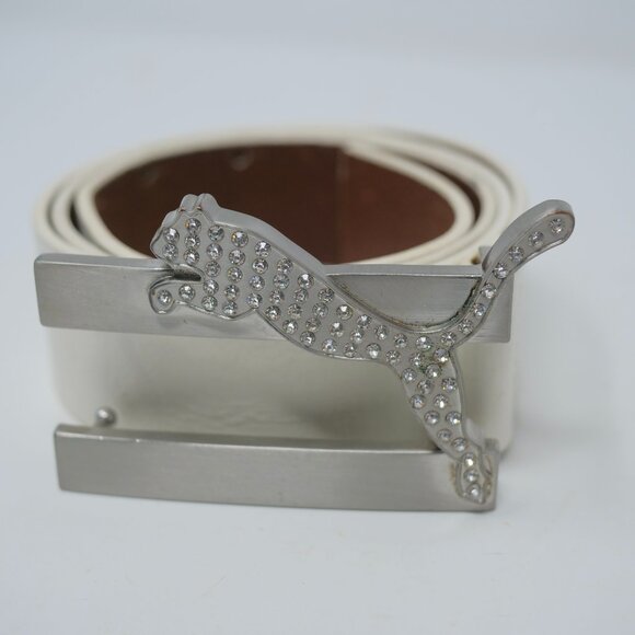 PUMU Rhinestone White Leather Belt Silver Buckle Boho Bling Cat Logo M EUC - Picture 1 of 7